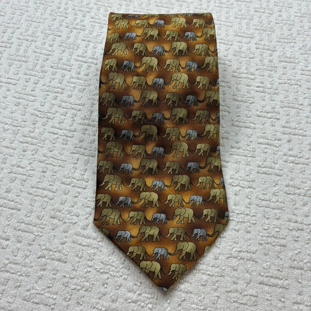 Ties to Nature Mens Silk Tie Bronze Gold Silver Elephant Parade Animal Print